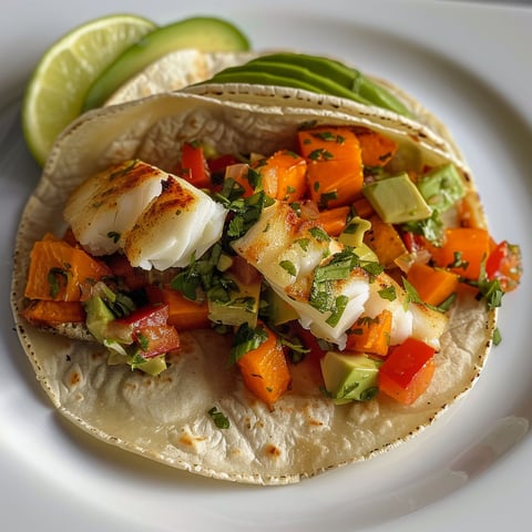 Tacos chauds au poisson garnis de salsa et coriandre.