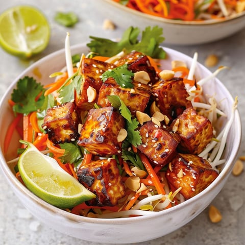 Une salade fraîche avec tempeh doré et carottes au lait de coco.