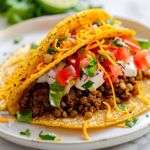Taco aux lentilles et au bœuf avec fromage fondu et légumes frais.