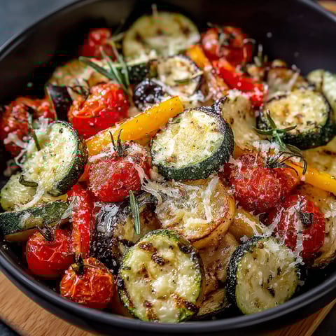 Un plat coloré de légumes grillés : poivrons, tomates, courgettes, servi sur une assiette en bois.
