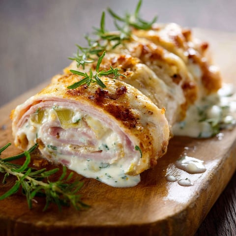 Délicieux roulés au jambon et poireaux gratinés, présentés sur un plateau en bois.