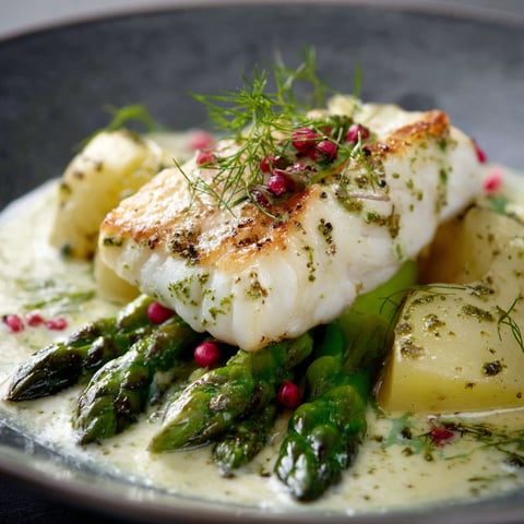 Filet de merlu avec purée et asperges fraîches.