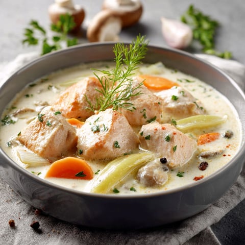 Un bol avec du veau, des champignons et des carottes, accompagné d’un brin de persil.