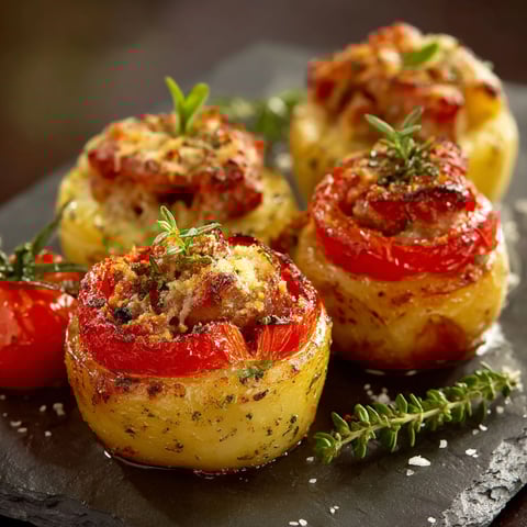 Pommes et tomates dorées, garnies, cuites avec des fines herbes, parfaites pour un moment convivial.