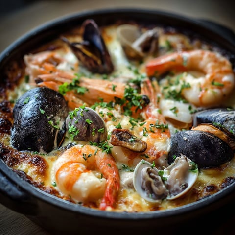 Un mélange savoureux de fruits de mer, incluant moules et crevettes, présenté dans une sauce crème gourmande.