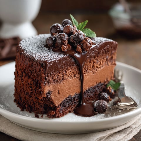 Une tranche de délice au chocolat et noix avec nappage, posée sur un plat.