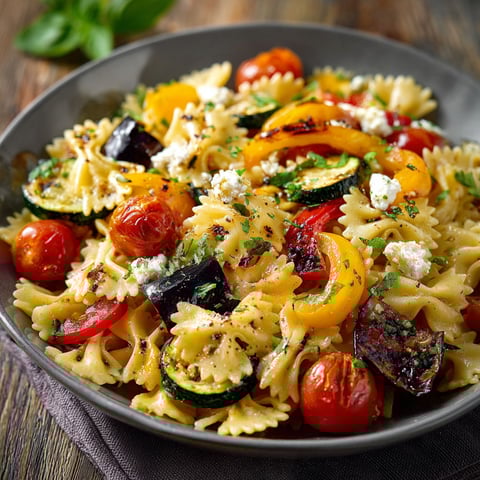 Pâtes servies avec légumes grillés et feta, le tout accompagné d’une sauce blanche.
