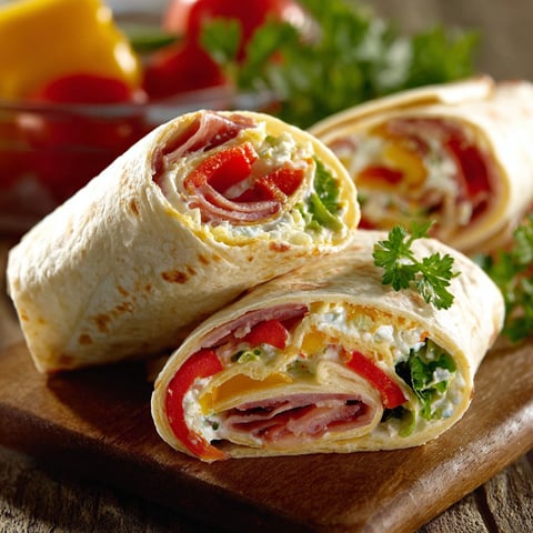 Un Wrap Speck savoureux posé sur une planche avec des légumes en garniture.