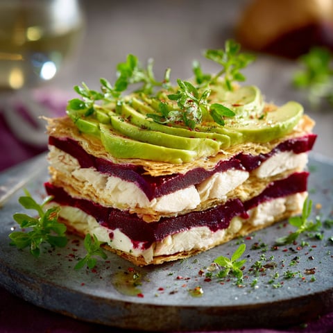 Délicieux millefeuille avec avocat et betterave, parfait pour une belle assiette fraîche.