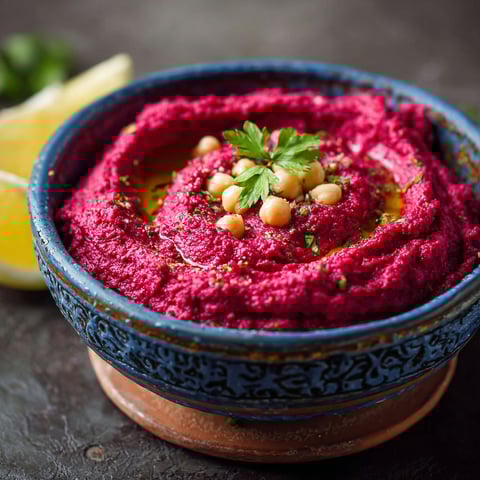 Un bol bleu contenant un houmous de betterave rouge.