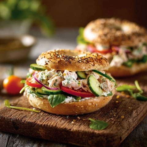 Savoureux bagel garni de thon et de légumes frais.