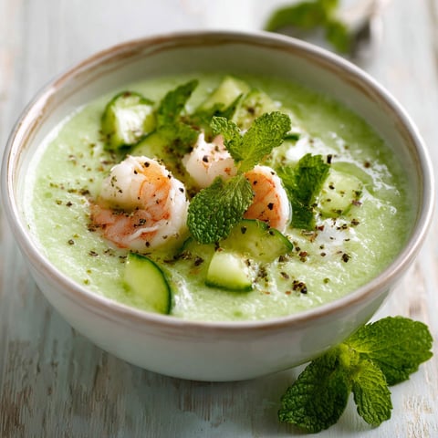 Un bol de soupe fraiche, avec du concombre et des herbes sur le dessus.