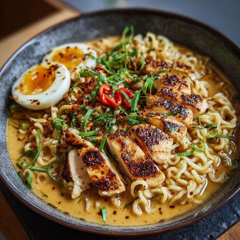 Un bol noir garni de nouilles, poulet et légumes pour un repas chaud.