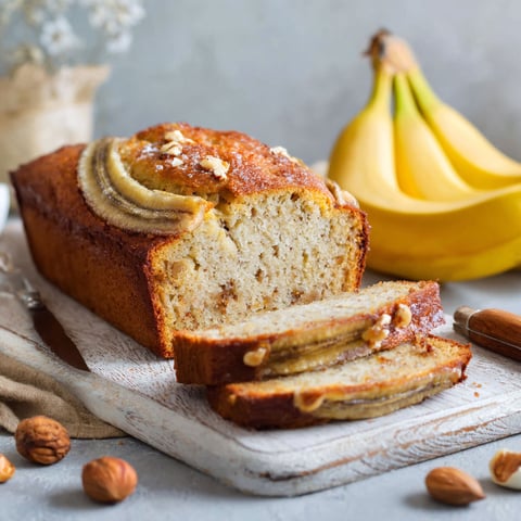 Cake aux amandes servi avec des bananes et noix croquantes.