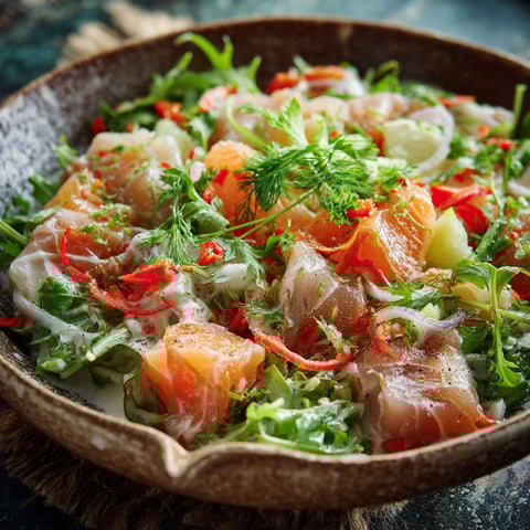 Bol garni d'une salade exotique de poisson cru, légumes colorés et herbes fraîches.