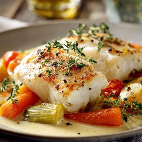 Plat généreux de cabillaud avec légumes et sauce gourmande.