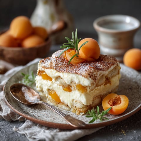 Un dessert fruité et crémeux, agrémenté d'abricots et d'herbes fraîches sur un plateau.