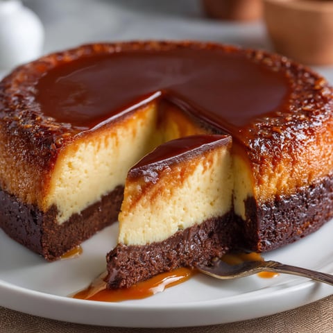 Part délicieuse de flan chocolat inversé.