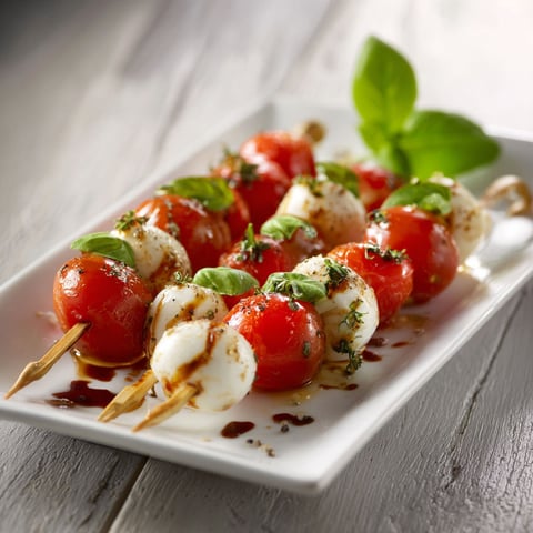 Brochettes Caprese joliment servies sur une assiette.