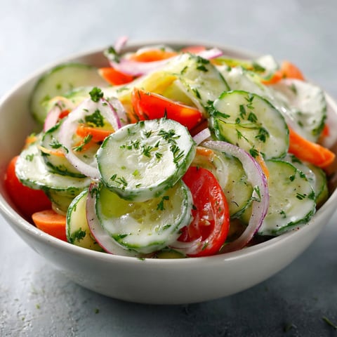 Un bol de légumes frais : concombres, tomates, carottes et oignons.