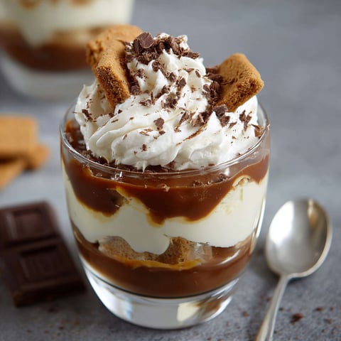 Un dessert crémeux dans une verrine avec des éclats de chocolat et biscuits.