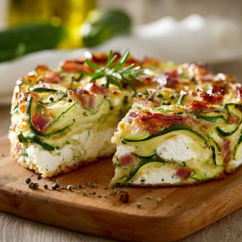 Sur une planche en bois, une part de gâteau courgettes, chèvre et bacon repose savoureuse et invitante.