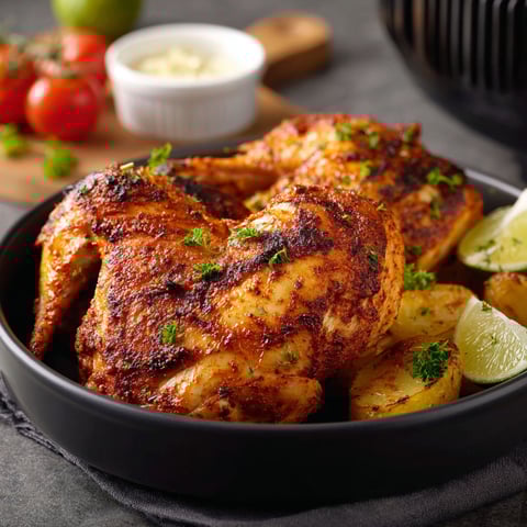 Un plat de poulet doré avec des légumes frais et une sauce légère, orné d'herbes.
