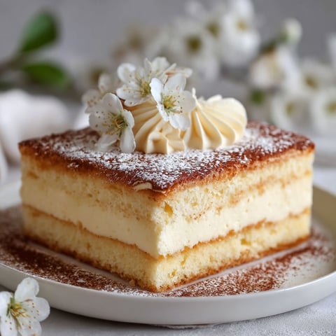 Un moelleux vanillé décoré de fleurs de cerisier.