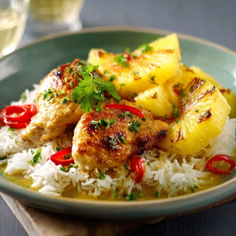 Du poulet grillé accompagné d’ananas juteux et de riz parfumé, garni d'herbes fraîches, décoré sur une table.