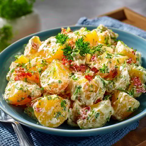 Une assiette colorée de pommes de terre et légumes prête à être dégustée.