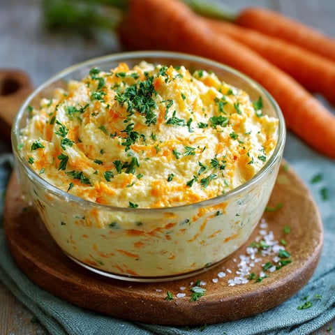 Un bol rempli d'une tartinade aux carottes et fromage, posé sur une table.