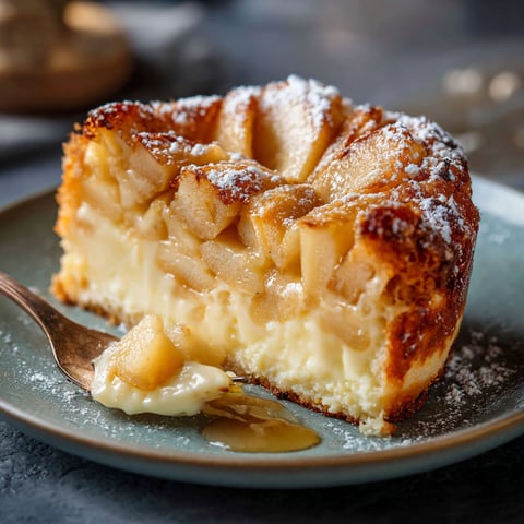 Tarte aux pommes dorées et mascarpone servie sur un plat.