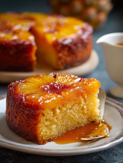Portion de gâteau à l’ananas sucré sur un plateau élégant.
