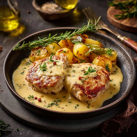 Viande nature avec une sauce crémeuse et légumes.