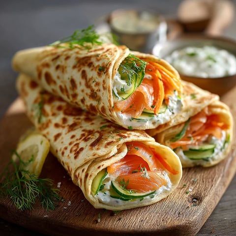 Petits rouleaux de légumes et poisson avec sauce, servis sur une planche en bois.