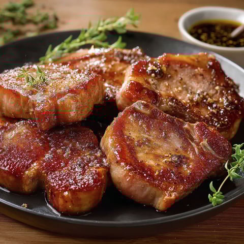 Côtelettes dorées et nappées de sauce.