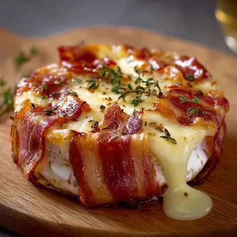 Camembert fondu entouré de bacon, herbes fraîches à côté.