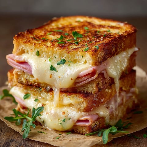 Un croque-monsieur doré présenté sur du papier.