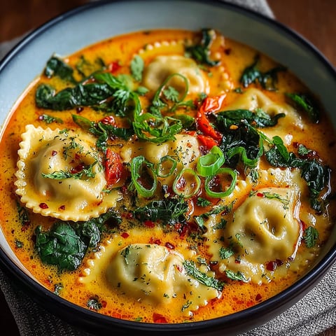 Une soupe thaï réconfortante aux raviolis, avec des légumes verts et des épices, est servie dans un bol.