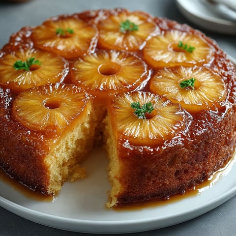 Une portion de gâteau à l'ananas caramélisé sur un plateau.
