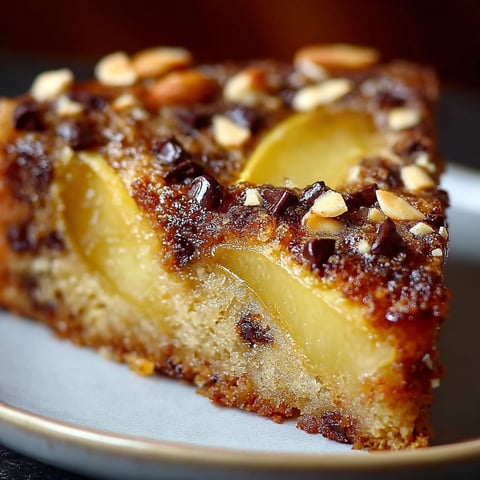 Une pièce de gâteau moelleux aux poires, amandes et chocolat, sur un plateau.