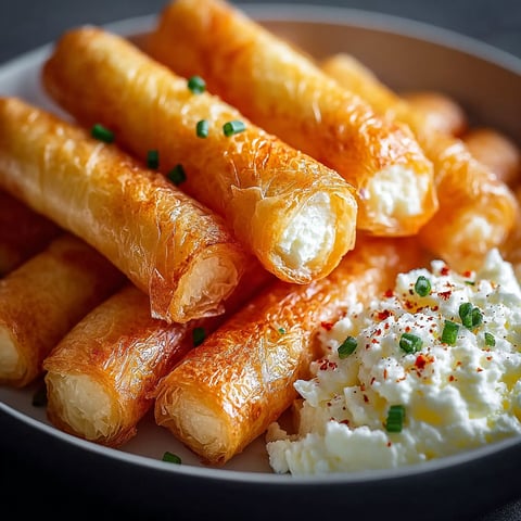 Une assiette de cigares croustillants aux crevettes et à l'ail, accompagnés de fromage blanc.