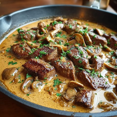 Un plat de boeuf Stroganoff à la façon d'Alain Ducasse, avec des champignons et des herbes, est servie dans un bol en fonte.
