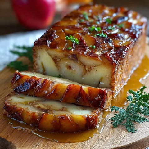 Une terrine aux pommes caramélisées est servie sur un plateau.