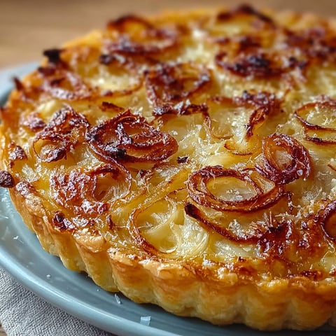 Une tarte à l'oignon et au reblochon est servie sur un plateau.