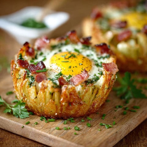 Une recette de nids de pommes de terre aux oeufs et au bacon est servie sur un plateau.