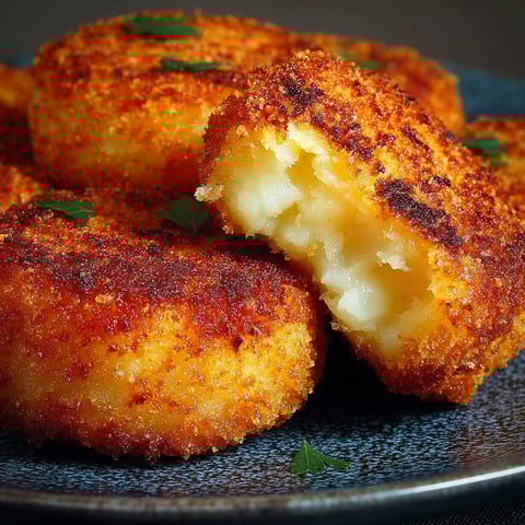 Une photo de croquettes de pommes de terre maison, avec des morceaux de pommes de terre et des herbes sur un plateau.