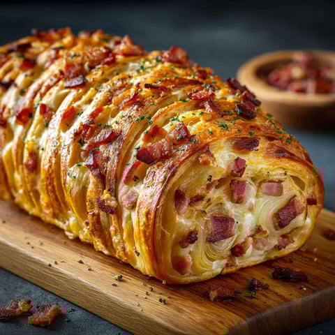 Une pâte de pain aux lardons et oignons maison est servie sur un plateau de bois.
