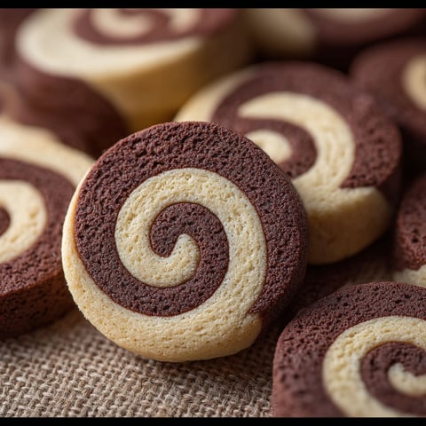 Biscuits spirales chocolat/vanille sur un tissu.