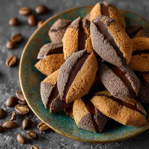 Une pile de biscottis al caffè, formés en chicco di caffè, sur un plateau.